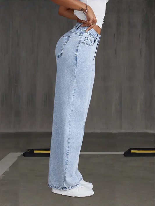 Jean taille haute jambe large, coupe droite délavé clair